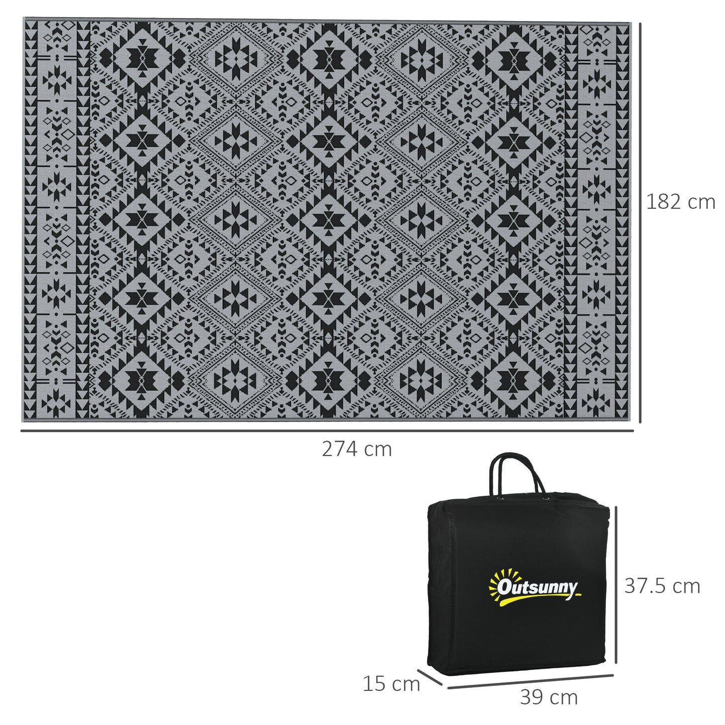 Outsunny 182 x 274cm Reversible Patterned Outdoor Rug, with Bag - Black/Grey--ChewyGames-ChewyGames