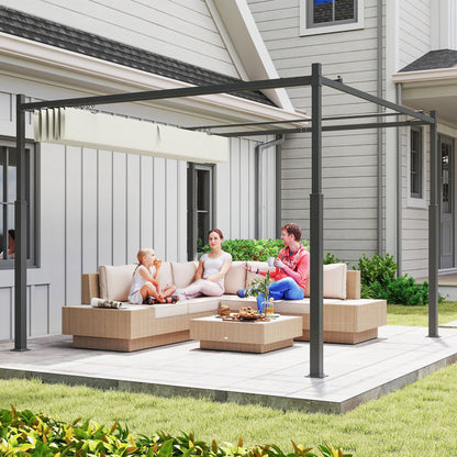 Outsunny 3 x 3(m) Metal Pergola with Retractable Roof and Magnetic Fixture, Outdoor Gazebo Garden Pergola Kit Sun Shade Canopy, UPF30+, 80mm Metal Column, Cream White