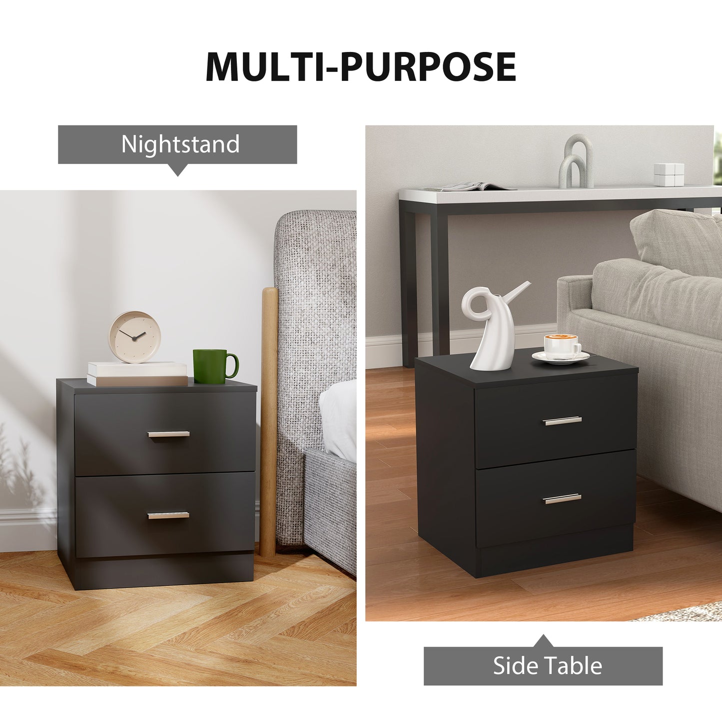 HOMCOM Modern Bedside Table, Beside Cabinet with 2 Drawers, for Bedroom, Living Room, Black