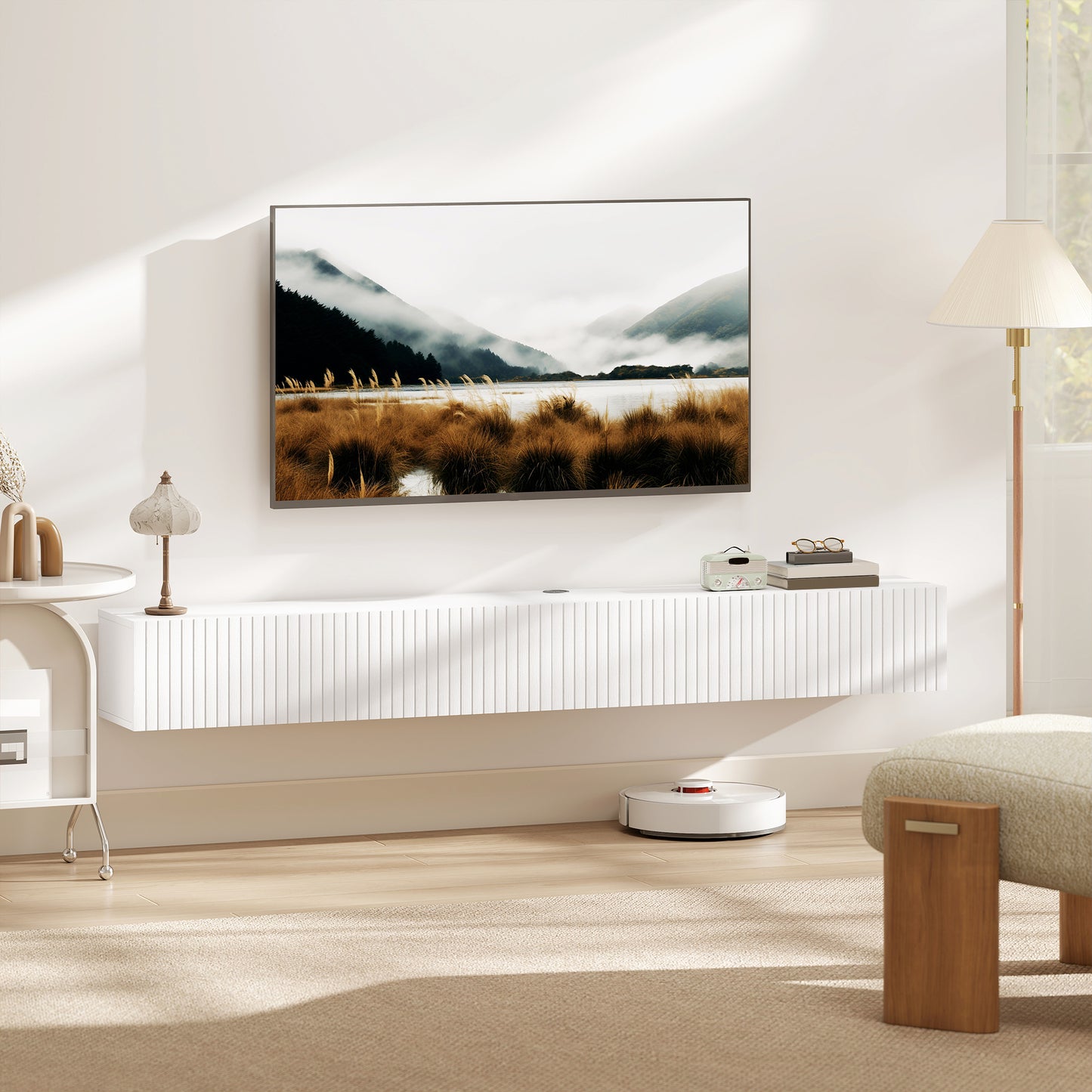 HOMCOM 80cm Floating TV Stand, Wall Mount TV Unit with Cable Management Hole, Fits up to 72" TV, White