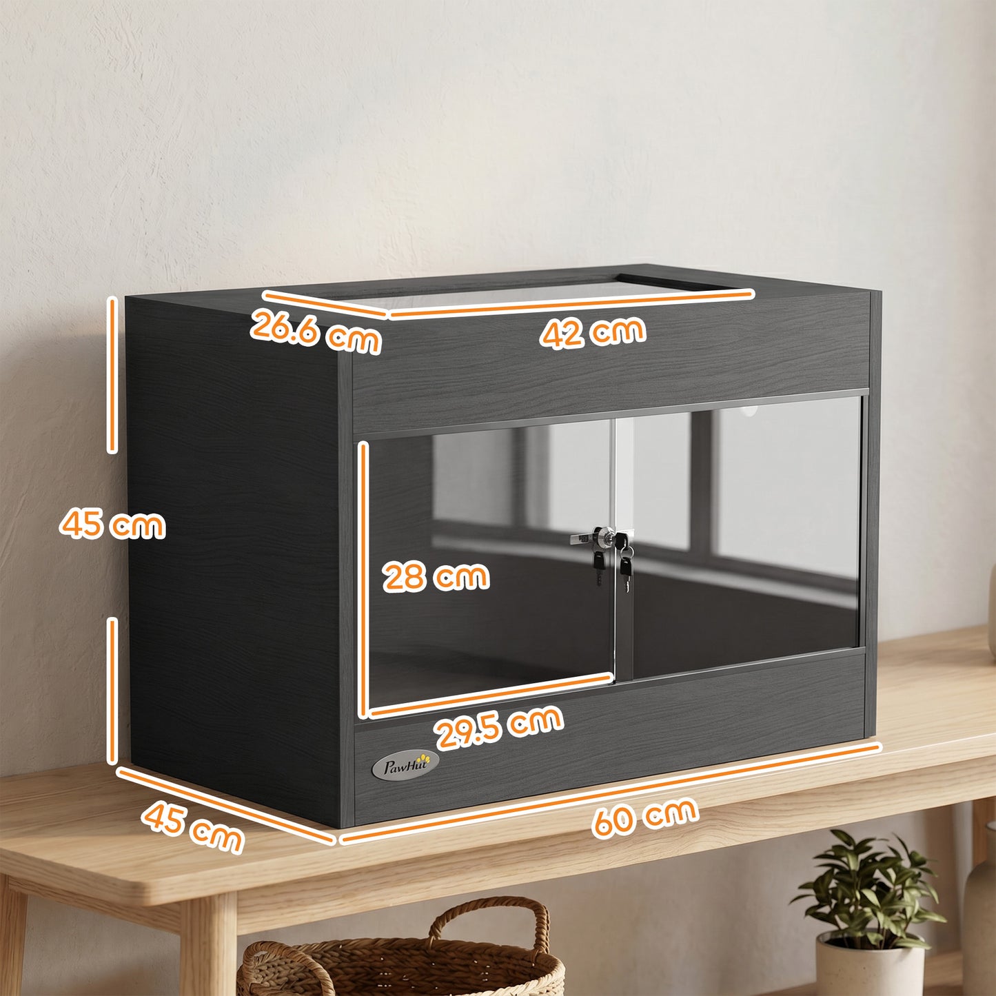 PawHut Reptile Terrarium, Reptile Vivarium with  Glass Doors, Secure Lock, Top Ventilation for Snake, Gecko, 60x45x45cm, Black