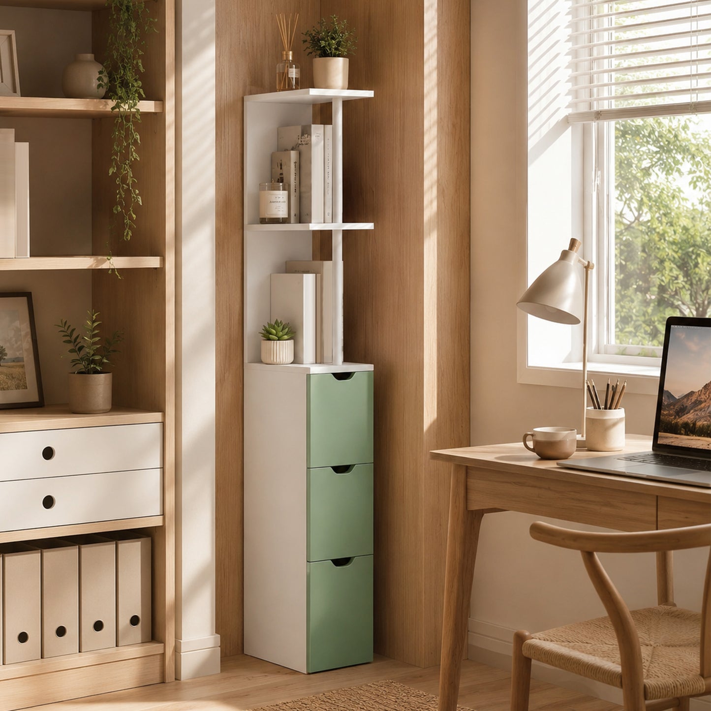 HOMCOM Slim Bathroom Storage Cabinet, Tall Bathroom Floor Cabinet with 2-Tier Shelf and 2 Drawers, White and Light Green