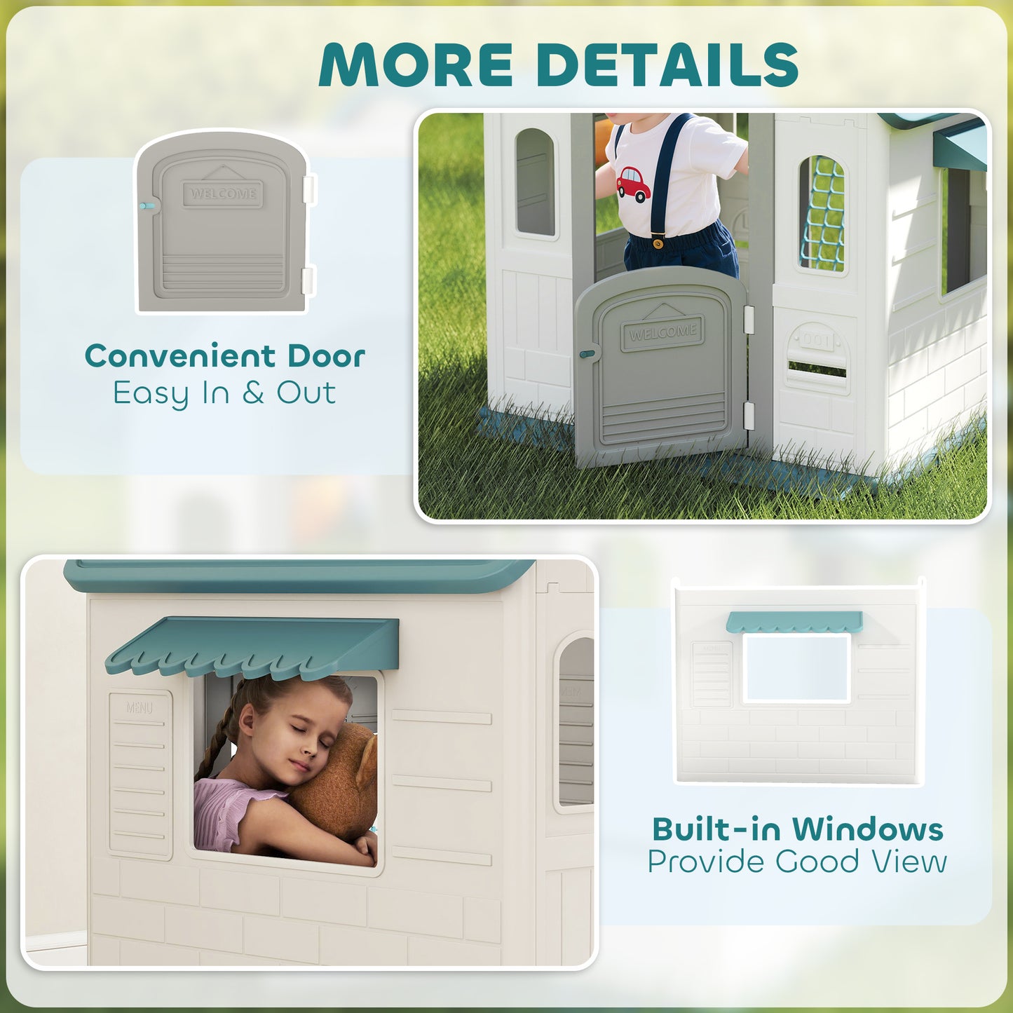 AIYAPLAY 5-in-1 Playhouse for Kids Outdoor Indoor with Basketball Hoop, Football Goal, Dartboard, Ring Toss for 2-5 Years, Beige