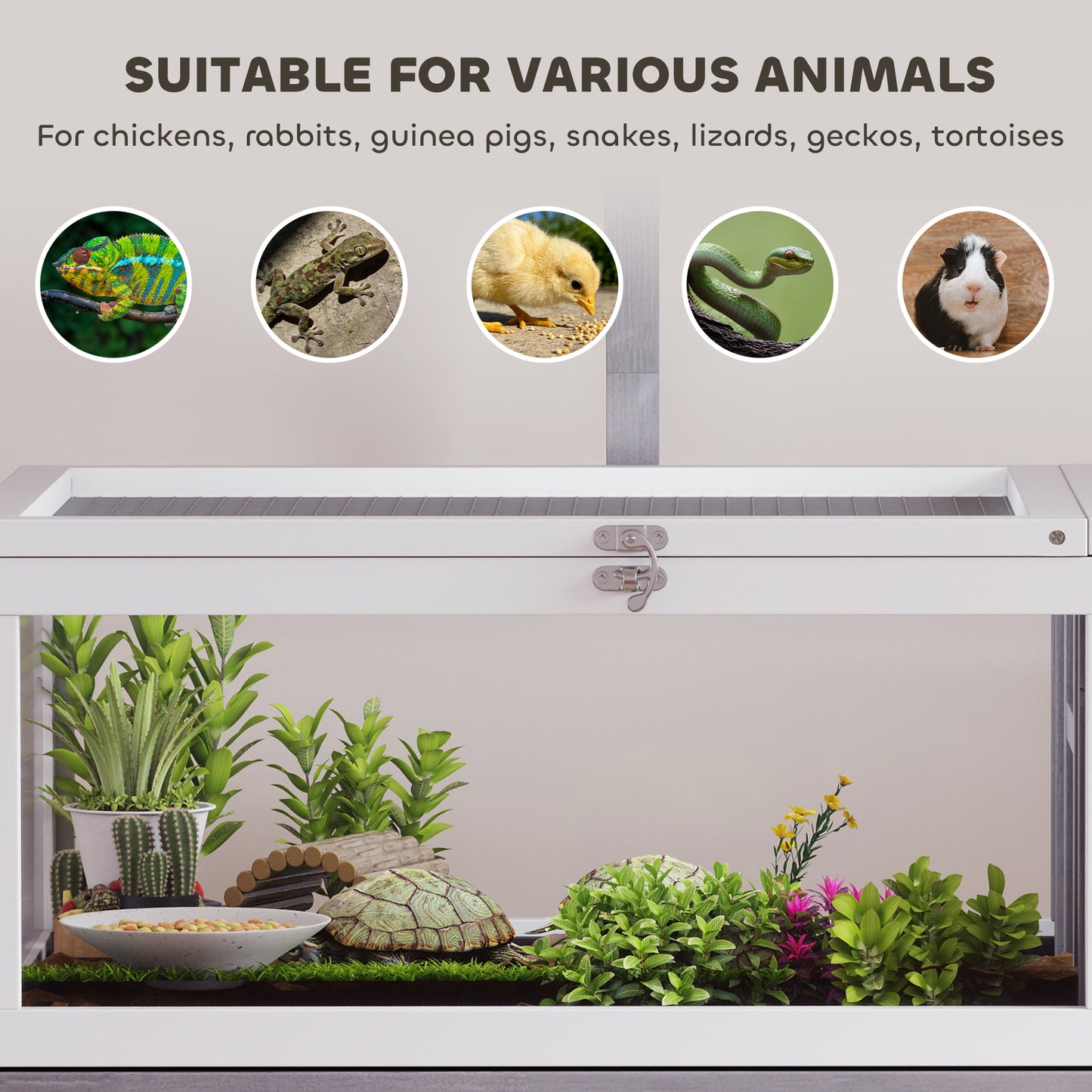 PawHut Wooden Tortoise Cage with Dual-Zone Habitat, Clear Panels, Openable Top, Metal Mesh, for Tortoises and Small Pets, Grey