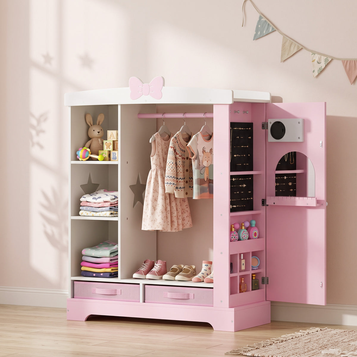 AIYAPLAY Kids Wardrobe with Lighted Mirror, Clothes Rail, Jewelry Cabinet, Shelves, Storage Boxes for Bedroom, Nursery, Pink