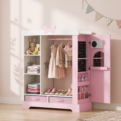 AIYAPLAY Kids Wardrobe with Lighted Mirror, Clothes Rail, Jewelry Cabinet, Shelves, Storage Boxes for Bedroom, Nursery, Pink
