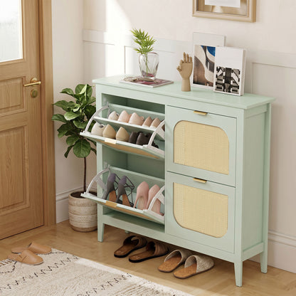 HOMCOM Narrow Shoe Cabinet, Boho Slim Shoe Storage Cabinet with 4 Flip Drawers, Holds 20 Pairs, Light Green