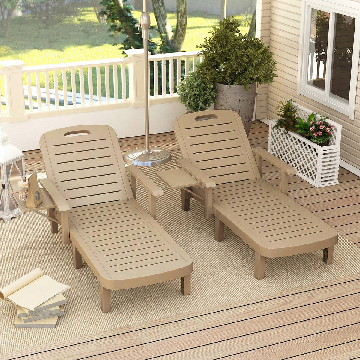 Outsunny Set of 2 Reclining Sun Loungers, 5 Positions Adjustable Outdoor Chaise Lounge Chair with Armrests, Khaki-Sunloungers-ChewyGames-ChewyGames