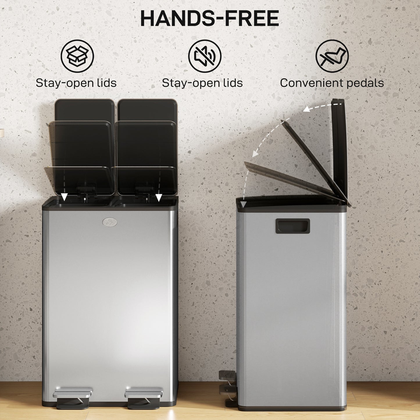 HOMCOM 56L Dual Compartment Stainless Steel Bin, with Deodoriser Holders - Silver Tone