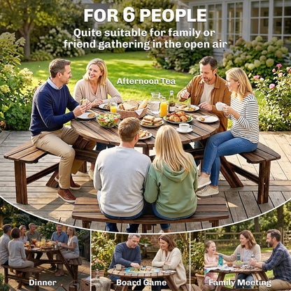 Outsunny Wooden Garden Dining Set, 6 Seater Round Dining Picnic Table with Matching Bench, Garden Furniture Set with Parasol Hole for Outdoor Patio Party and Family Gatherings, Carbonized