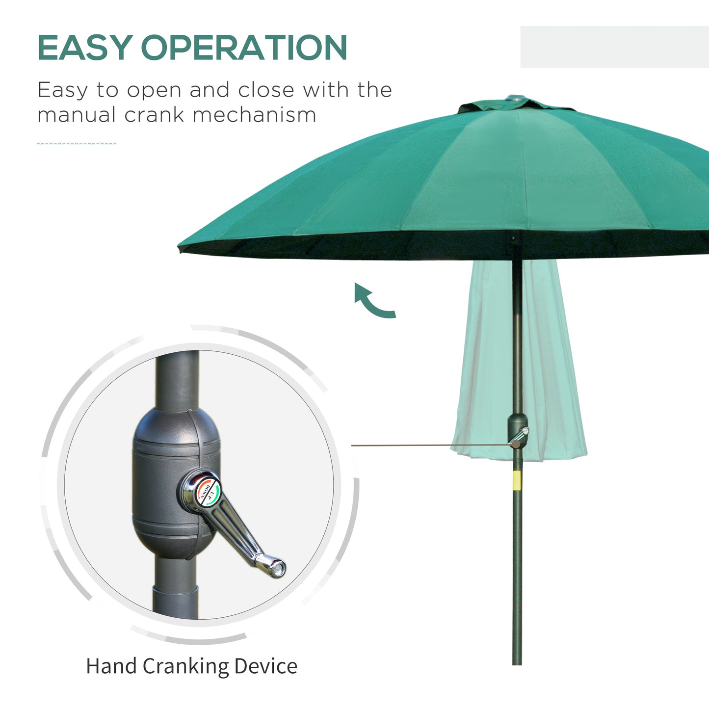 Outsunny 2.5m Shanghai Garden Parasol Umbrella with Crank & Tilt, Adjustable Outdoor Sun Shade, Green