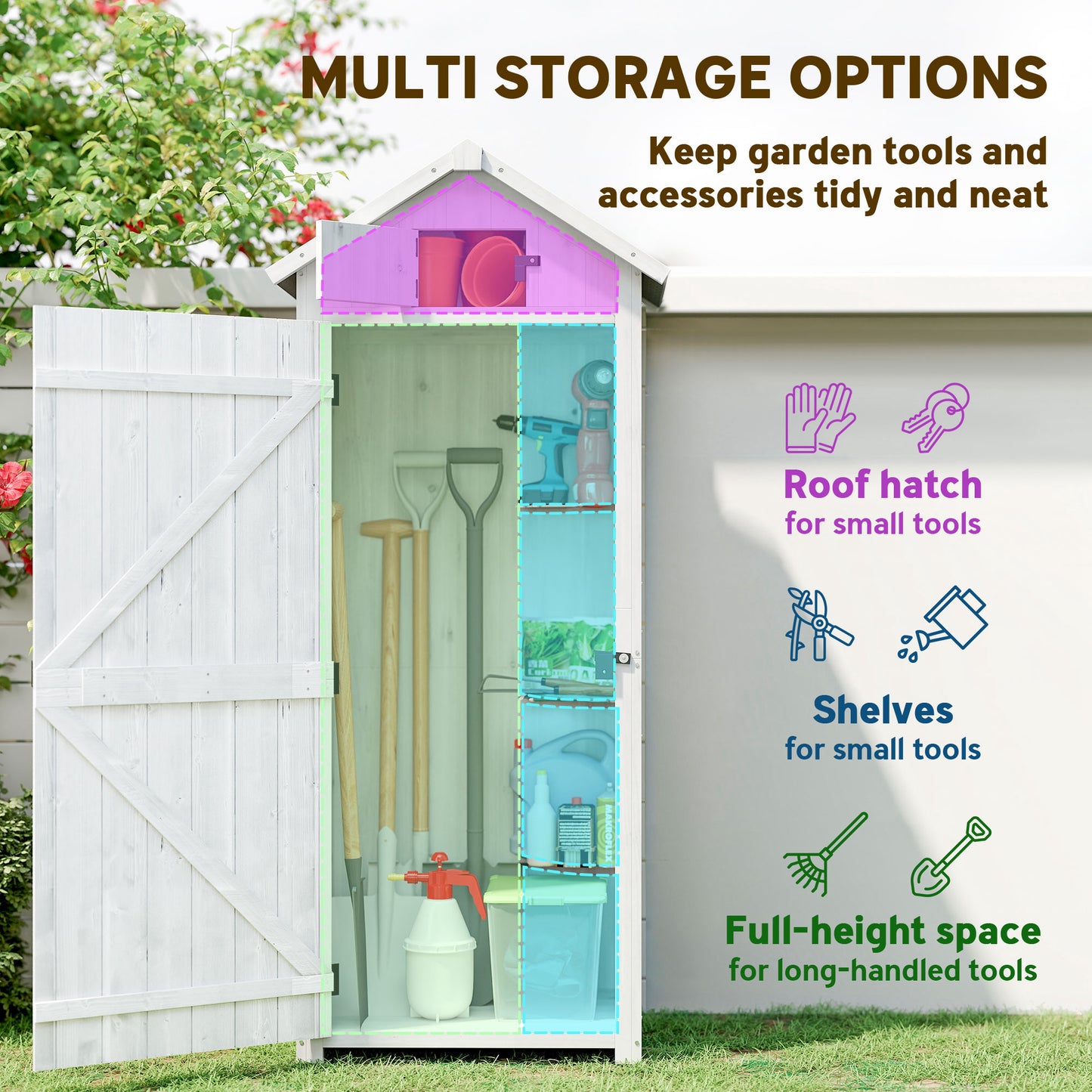 Outsunny Small Shed, Tall Slim Wooden Garden Shed with 3 Removable Shelves and Roof Hatch, Compact Outdoor Tool Storage Cabinet with Asphalt Roof and Door Latch, 77 x 54.2 x 179 cm, Light Grey