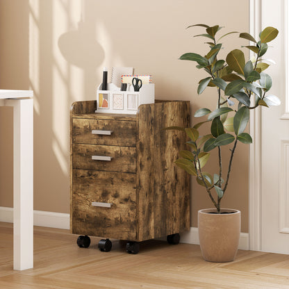 HOMCOM 3 Drawer Filing Cabinet, Rolling File Cabinet with Edged Top for Letter, A4 Size, Hanging File Folders, Rustic Brown