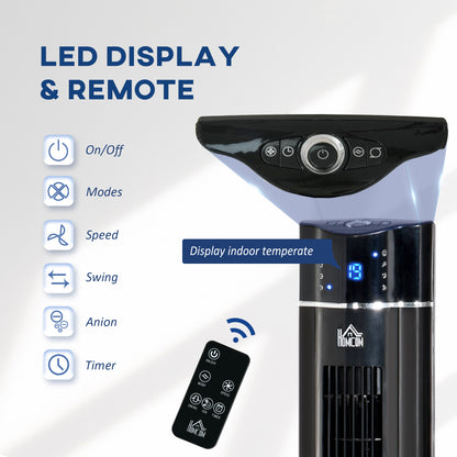HOMCOM Anion Tower Fan for Bedroom, 42 inch, 6 m/s Powerful Velocity, Standing Floor Fan with 60° Oscillating, 3 Modes, 3 Speeds, 8 Hour Timer, LED Display, Remote Control, Black