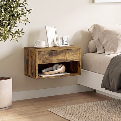 HOMCOM Set of Two Floating Bedside Tables - Rustic Brown