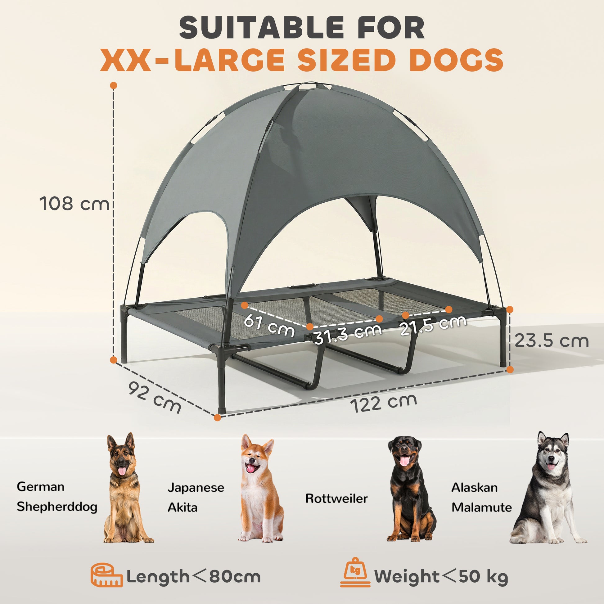 PawHut Outdoor Dog Bed with Removable Canopy, Portable Raised Dog Bed for Camping, Garden & Beach, Water-Resistant UV-Protection Mesh Pet Cot Sun Lounger, for XL Pets, 122 x 92 x 108 cm, Grey-Pet Cots-ChewyGames-ChewyGames