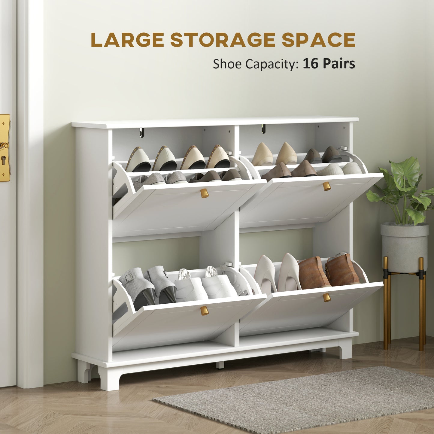 HOMCOM Narrow Shoe Storage Cabinet, Slim Shoe Cabinet with 4 Flip Drawers, Adjustable Shelves for 16 Pairs of Shoes, White