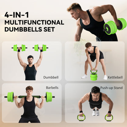SPORTNOW 20kg 6-In-One Adjustable Weight Dumbbells Set, Barbell, Kettlebell, Push Up Stand - Green