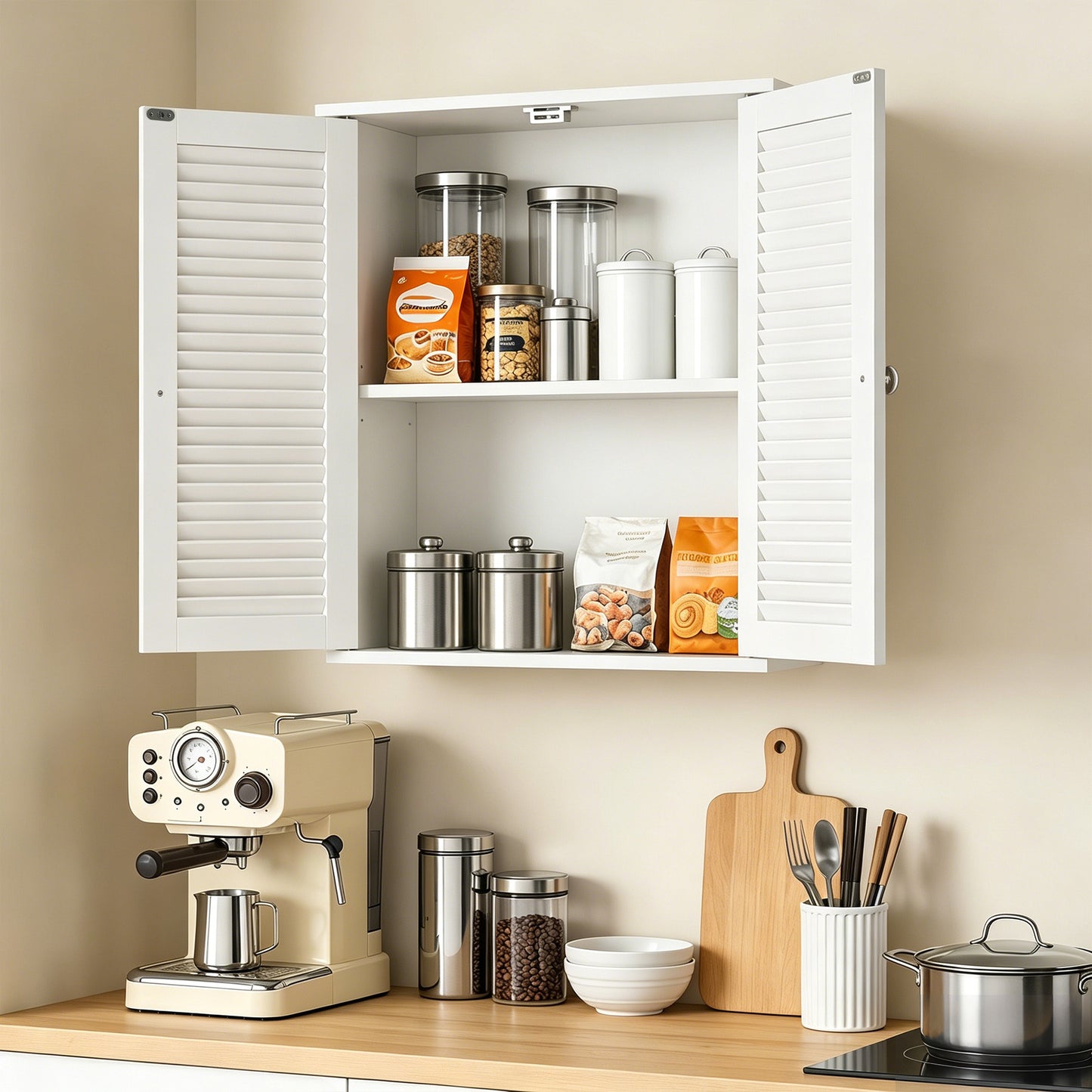 HOMCOM Bathroom Cabinet, Bathroom Wall Cabinet with Louvered Doors and Adjustable Shelf Storage for Kitchen, White