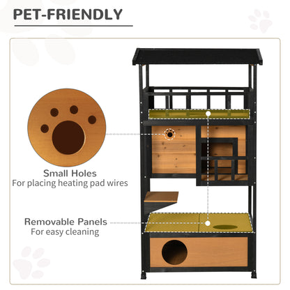 PawHut Wooden Outdoor Cat House, 3-Tier Cat Shelter with Tilted Roof, Terrace, Jump Step, Bottom Tray, Yellow