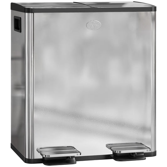 HOMCOM 40L Dual Compartment Stainless Steel Bin, with Deodoriser Holders - Silver Tone