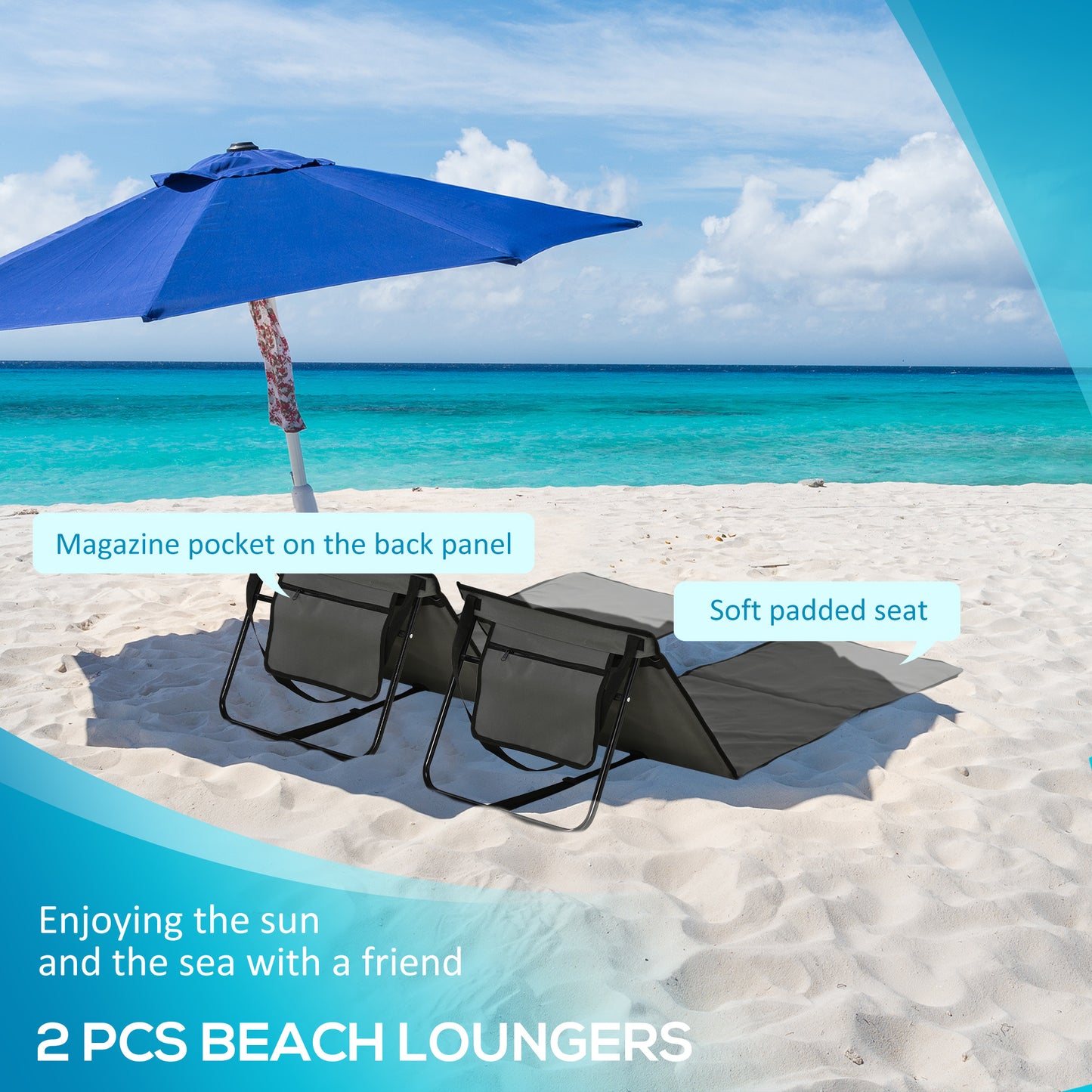 Outsunny Set of 2 Foldable Garden Beach Chair Mat, Outdoor Sun Lounger Seats with Adjustable Back, Magazine Pocket, Carry Strap
