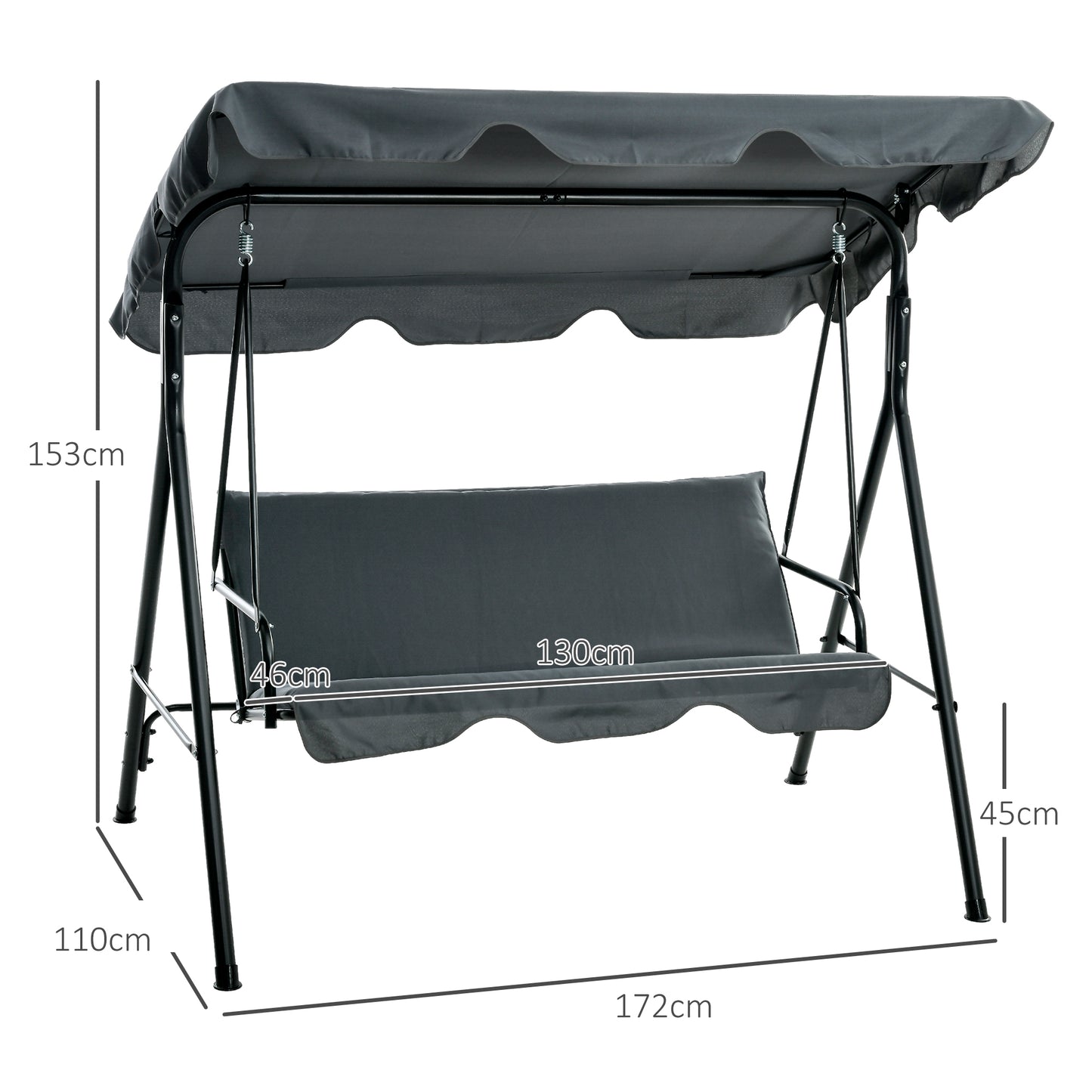 Outsunny 3 Seater Garden Swing Chair, Outdoor Swing Chair with Adjustable Canopy, Mental Frame & Cushions, Grey