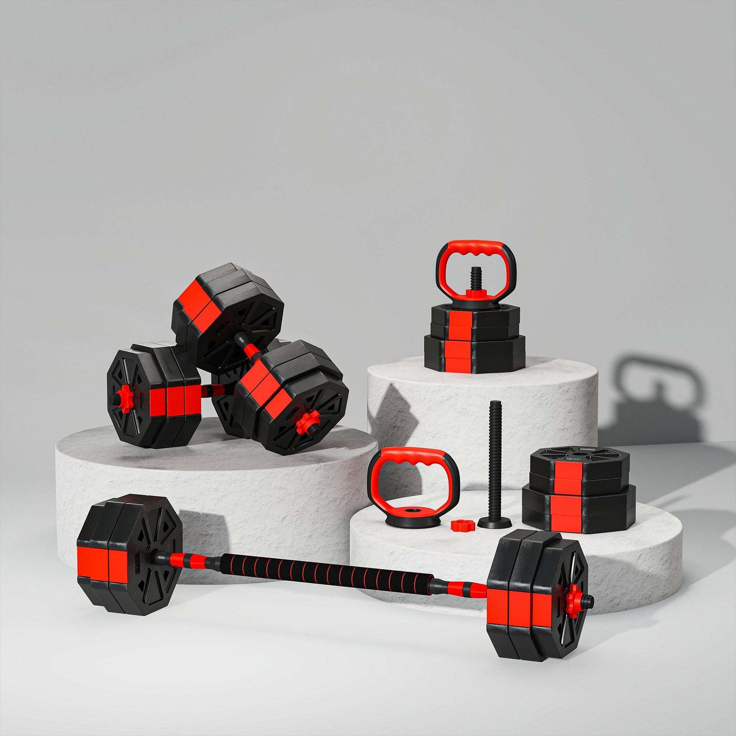 SPORTNOW 6-in-1 Adjustable Weight Dumbbells Set, Used as Kettlebell, Barbell, Dumbbell, Push-Up Stand, 30kg Free Weights Set for Men and Women Home Gym Training, Red