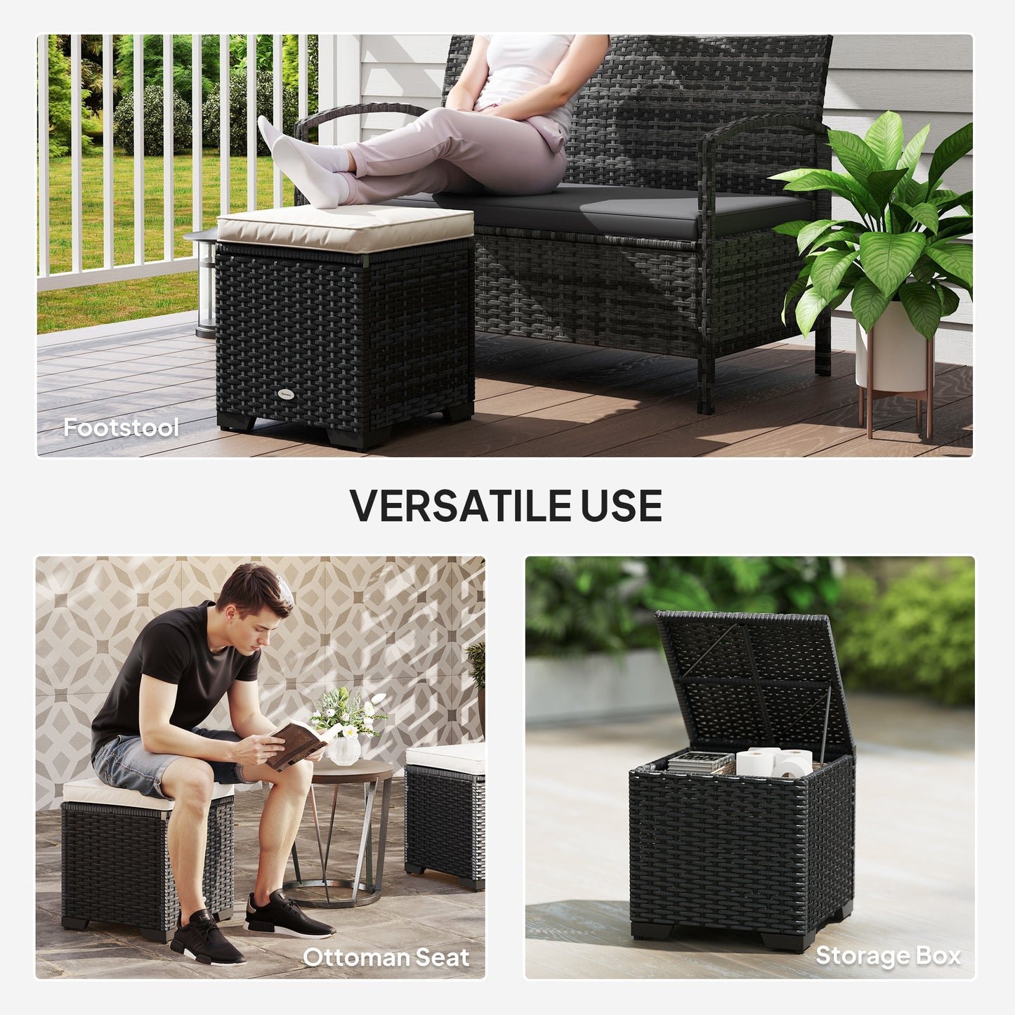 Outsunny Set of 2 Rattan Storage Ottoman, Outdoor Footstool with Removable Cushions, Garden Storage Seat for Balcony, Porch, Living Room, Cream