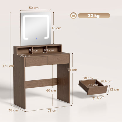 HOMCOM Vanity Table, Dressing Table with Mirror, LED Lights, 2 Drawers, 3 Compartments, 3 Colour Lighting, Walnut