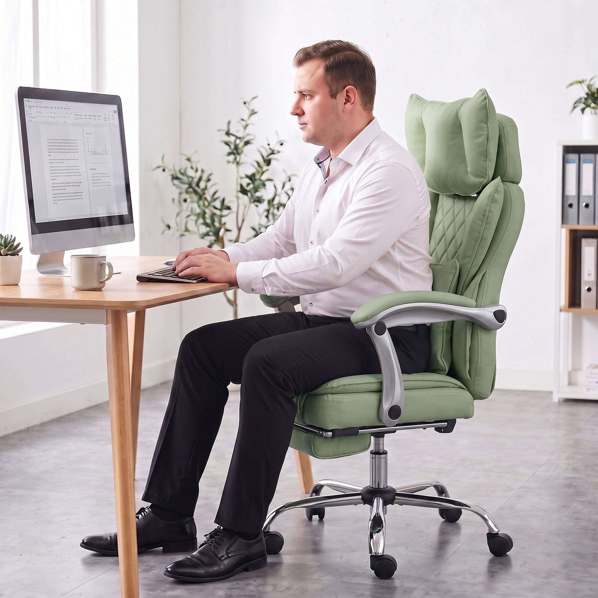 HOMCOM Executive Office Chair, PU Big and Tall Office Chair 180 kg with Wide Seat, Reclining, Lumbar Support, Light Green