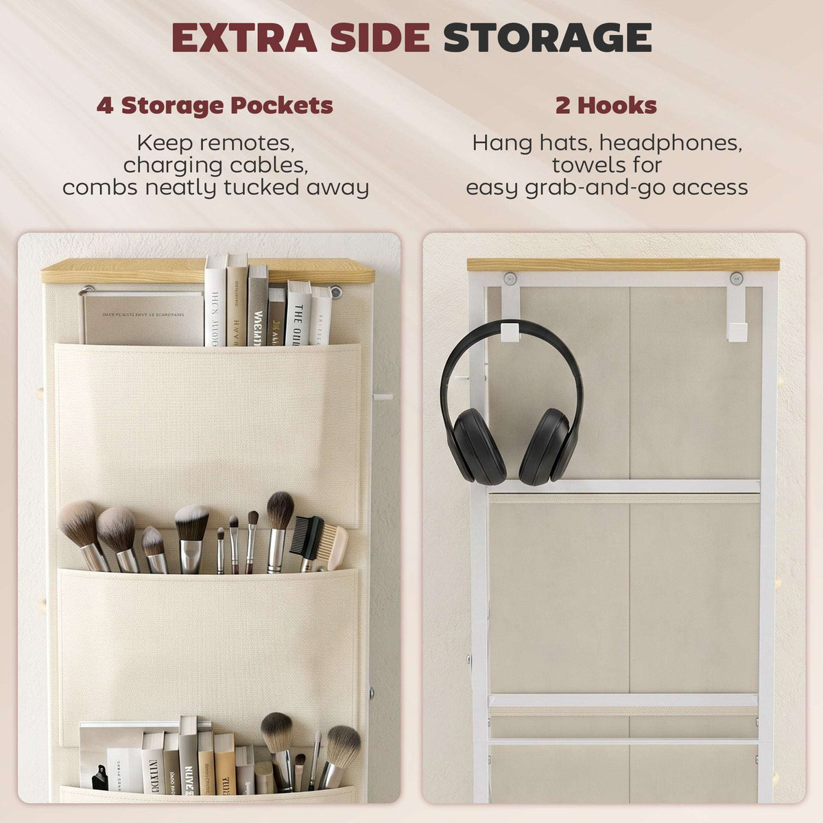 HOMCOM Chest of Drawers, Dresser with 8 Fabric Drawers, Tall Storage Unit with 4 Pockets and 2 Hooks Steel Frame, Beige