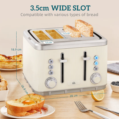 HOMCOM Electric Stainless Steel Kettle and Toaster Set, 3000W 1.7L UK Strix Thermostat Fast Boil Kettle w/ Limescale Filter, Cool Touch Body, 4 Slice Toaster with 7 Browning Levels, Cream White