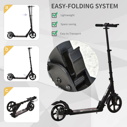HOMCOM Kick Scooter, Folding 2 Wheel Scooter with Dual Brake System, Dual Suspension, 230mm Big Wheels and 3 Adjustable Handlebar, for 14+ Teens Adults, up to 100KG, Black