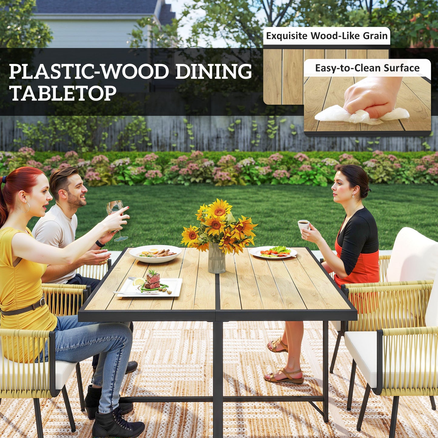 Outsunny 5 Piece Garden Furniture Set, Garden Dining Set with Wood-Plastic Table and 4 Armchairs, Beige