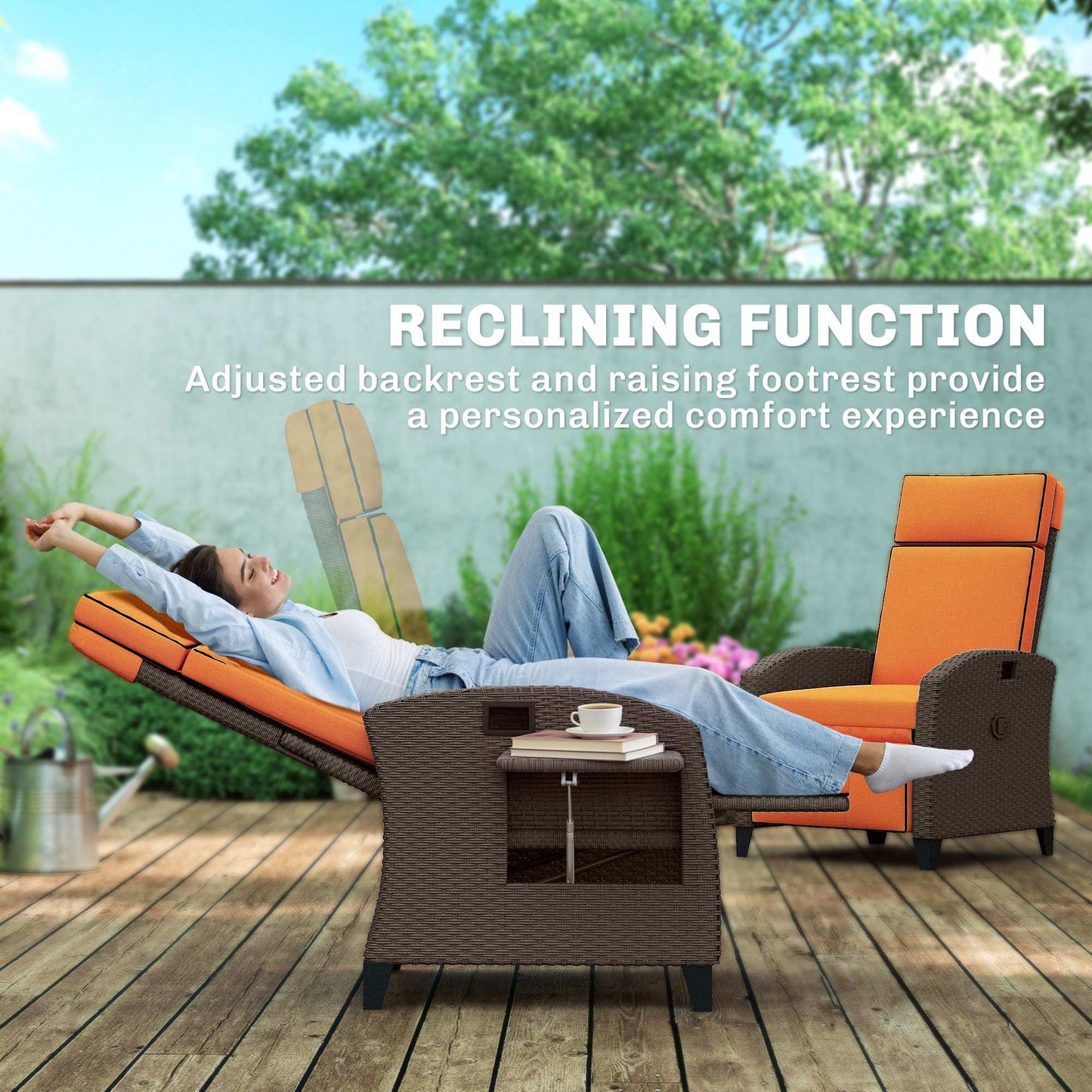 Outsunny Garden Recliner with Cushion, Outdoor Recliner Chair with Adjustable Backrest & Footrest, Side Tray, Orange