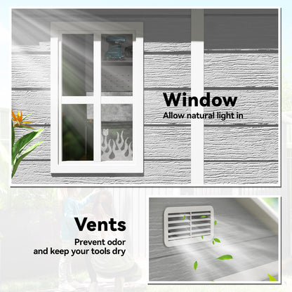 Outsunny 6 x 5ft Garden Shed, Plastic Shed with Floor, Window, Lockable Doors and Vents, Wood Effect Resin Tool Shed for Outdoor Patio, Dark Grey