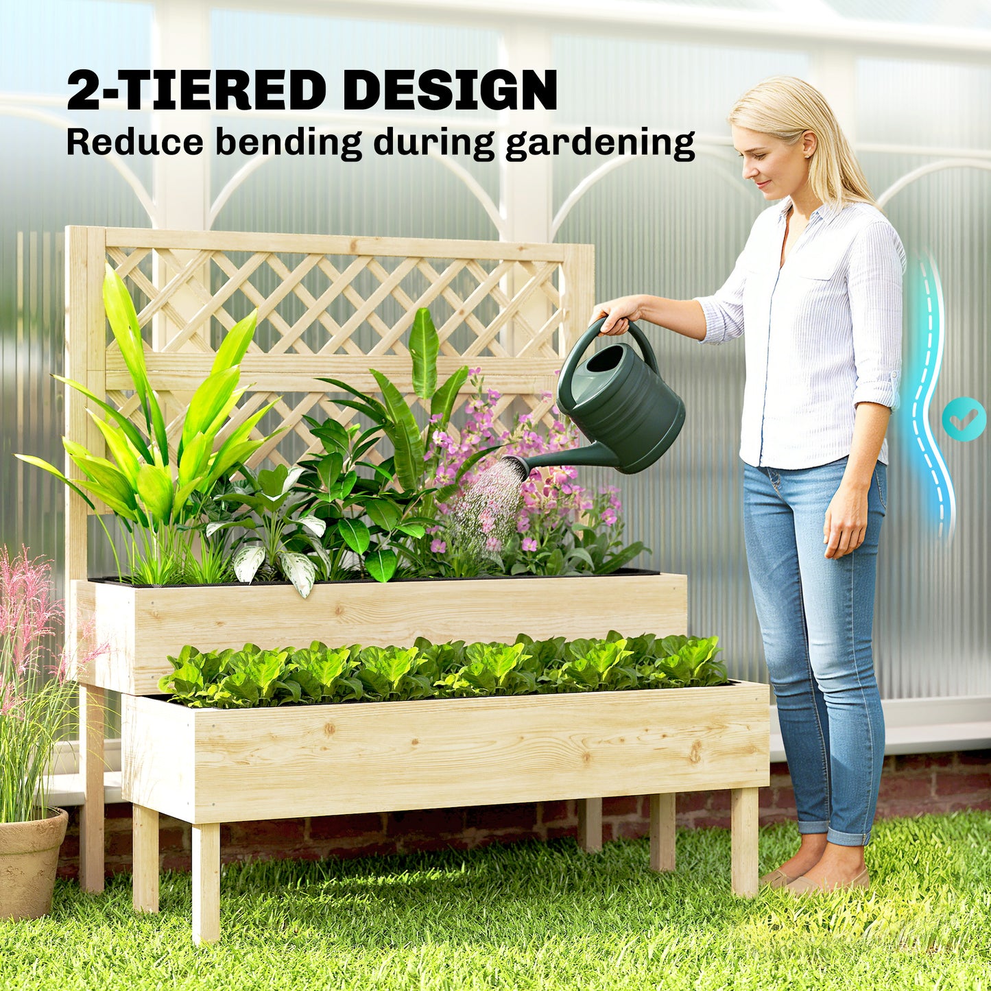 Outsunny Raised Garden Bed 2-Tier Stepped Design Planter Box with Trellis for Climbing Plants 108x62x120 cm