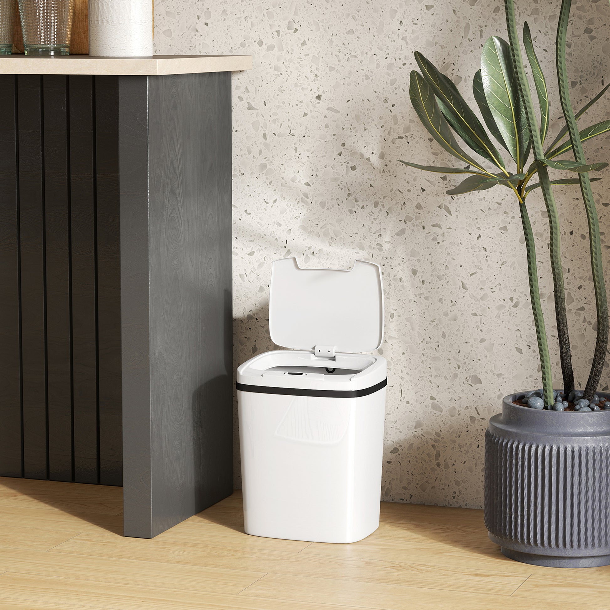 HOMCOM 15L Sensor Bin, Automatic Touchless Kitchen Bin, Easy Clean, Battery Operated for Home Office, Bedroom, Bathroom, White--ChewyGames-ChewyGames