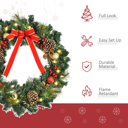 HOMCOM 60cm Pre-Lit Artificial Christmas Door Wreath Holly LED Decor Pine Cones Hanging Glittered Festival Indoor Decoration