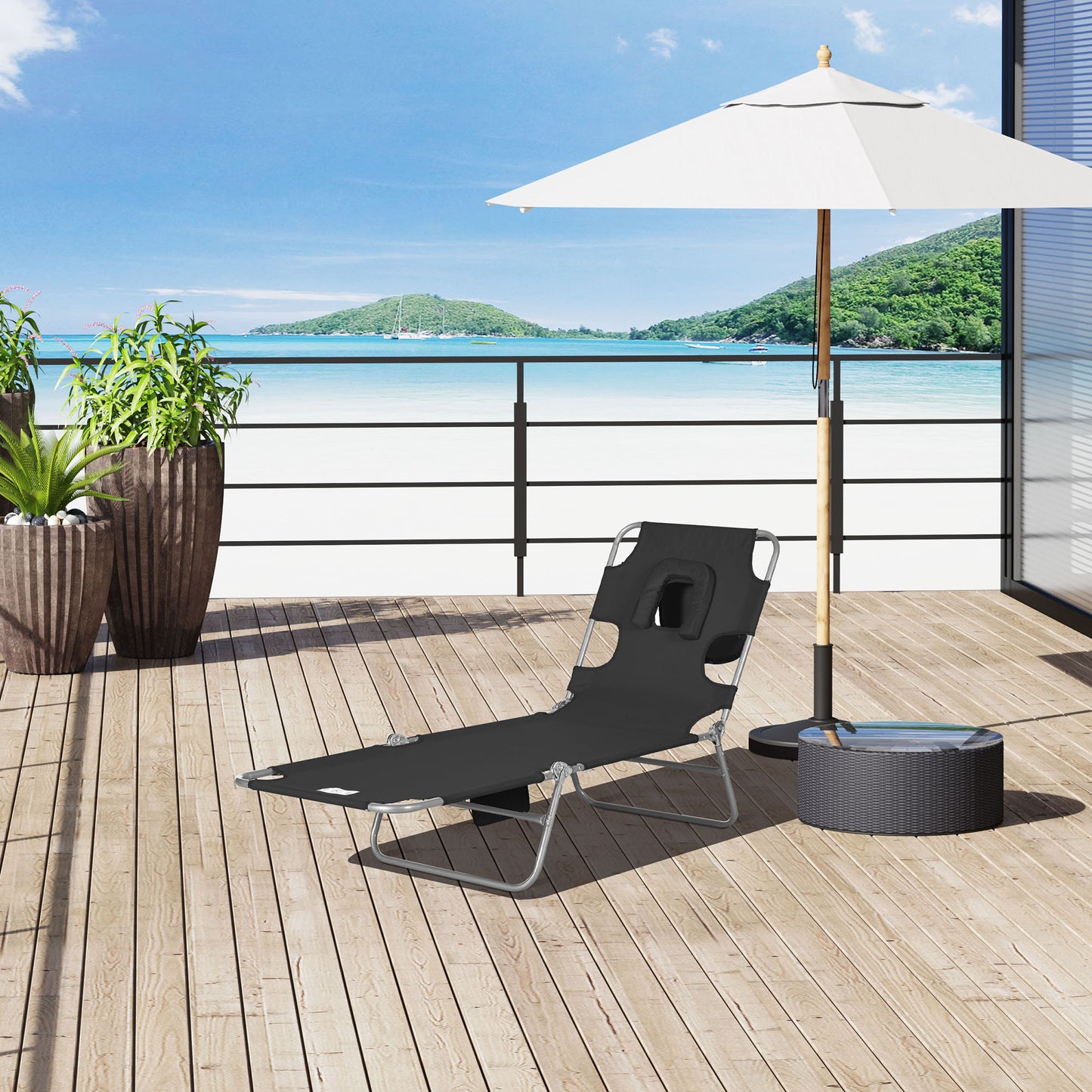 Outsunny Foldable Sun Lounger, Beach Chaise Lounge with Reading Hole, Arm Slots, 5-Position Adjustable Backrest, Side Pocket, Pillow for Garden, Beach, Camping, Black