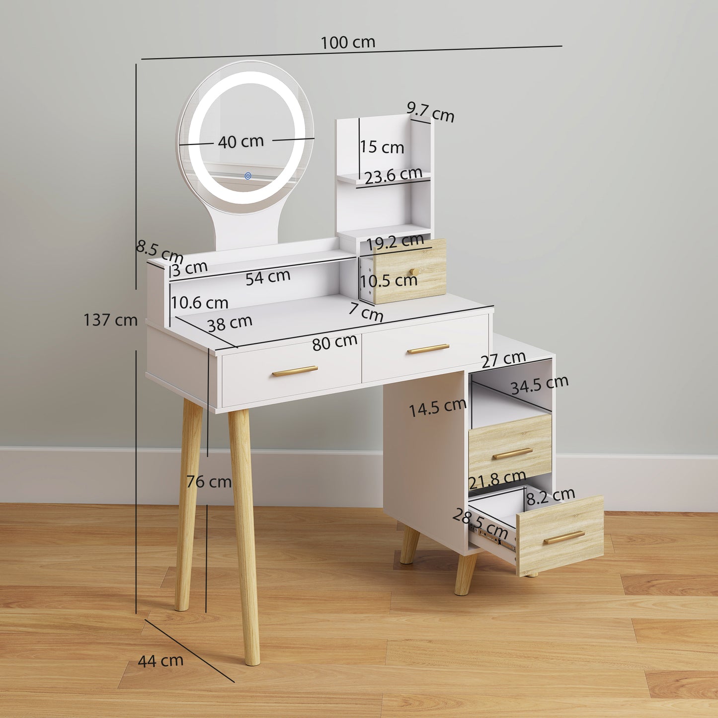 HOMCOM Elegant Dressing Table, with Storage - White