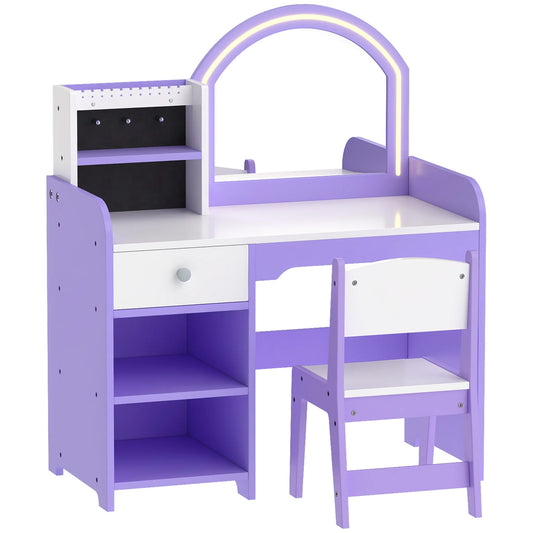 AIYAPLAY Kids Vanity Set, Girls Dressing Table with Stool, 2-Colour Lights Mirror, Pretend Dresser Gift for Ages 3-8, Purple