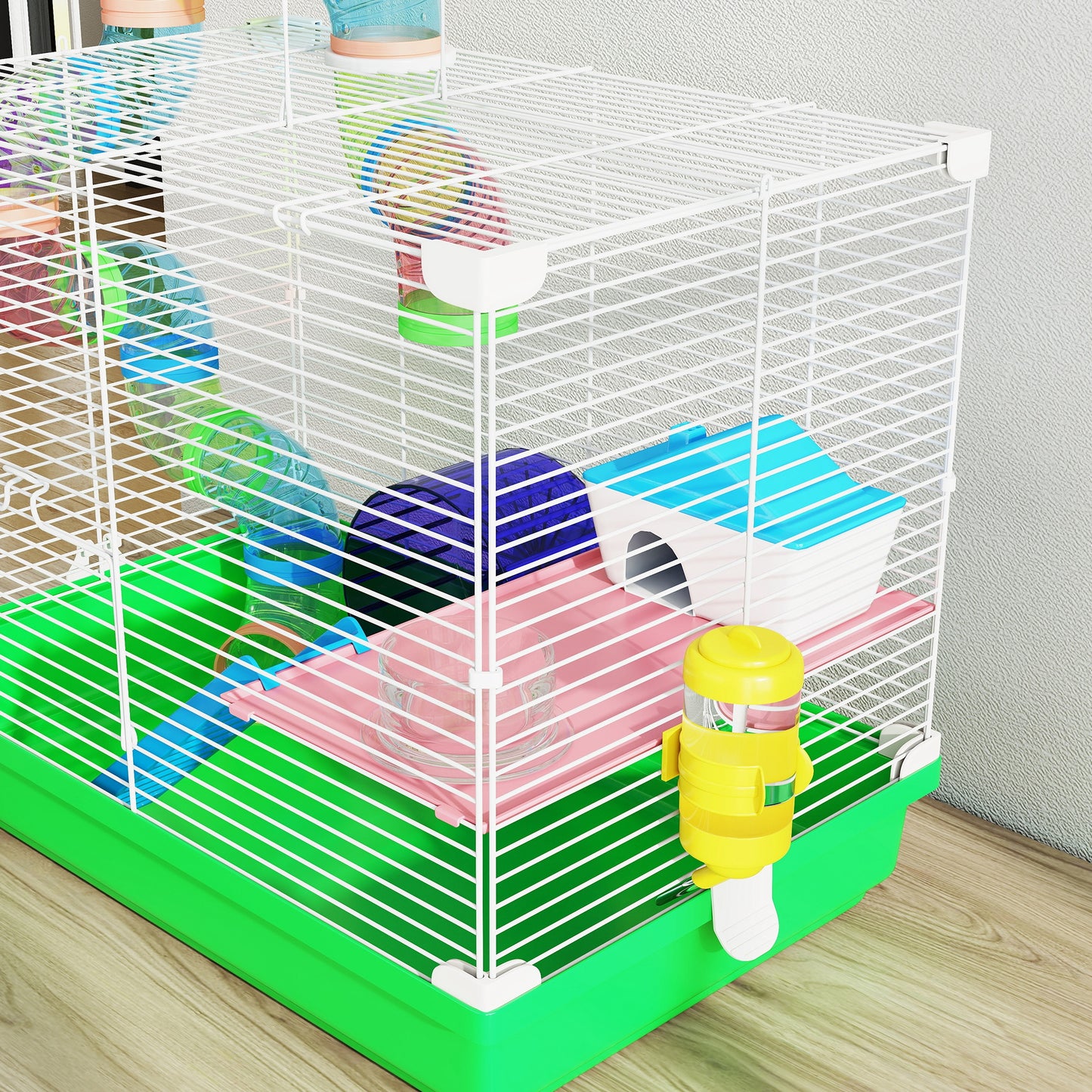PawHut 2 Tier Hamster Cage, Gerbil Cage with Handle, Exercise Wheels, Tunnel, Water Bottle, Dishes, Ladder, for Dwarf
