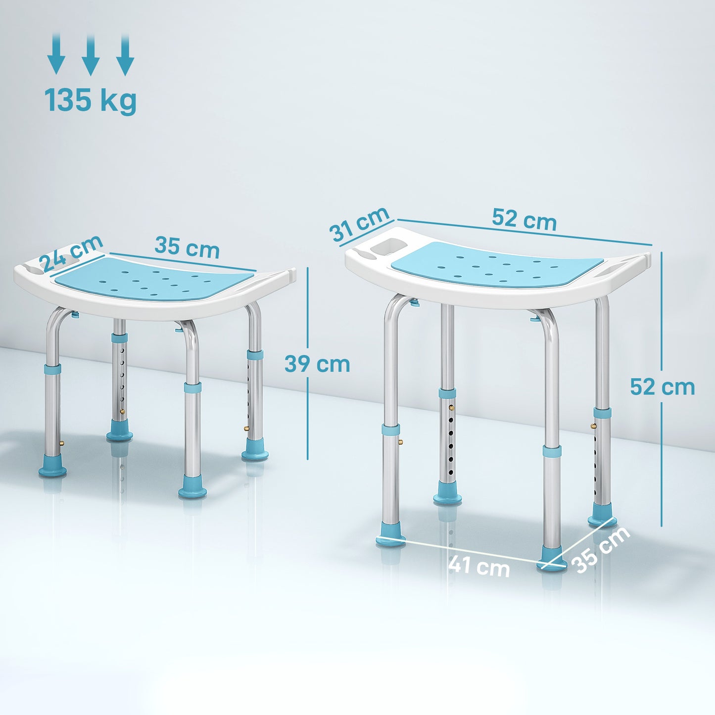 HOMCOM Shower Chair, Adjustable Height Shower Stool with Aluminium Frame and Non-Slip Feet, Bathtub Stool Seat with Padded Seat for Elderly Disabled Handicap, Turquoise