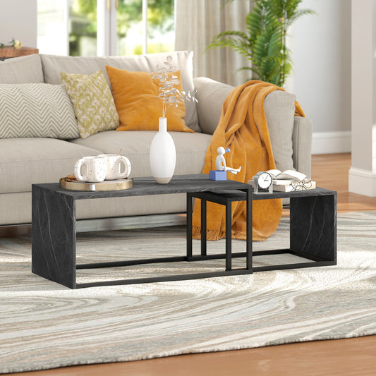 HOMCOM Nesting Coffee Table Set of 2, Industrial Stacking Side End Tables with Metal Frame for Living Room, Bedroom, Dark Grey Marble Effect