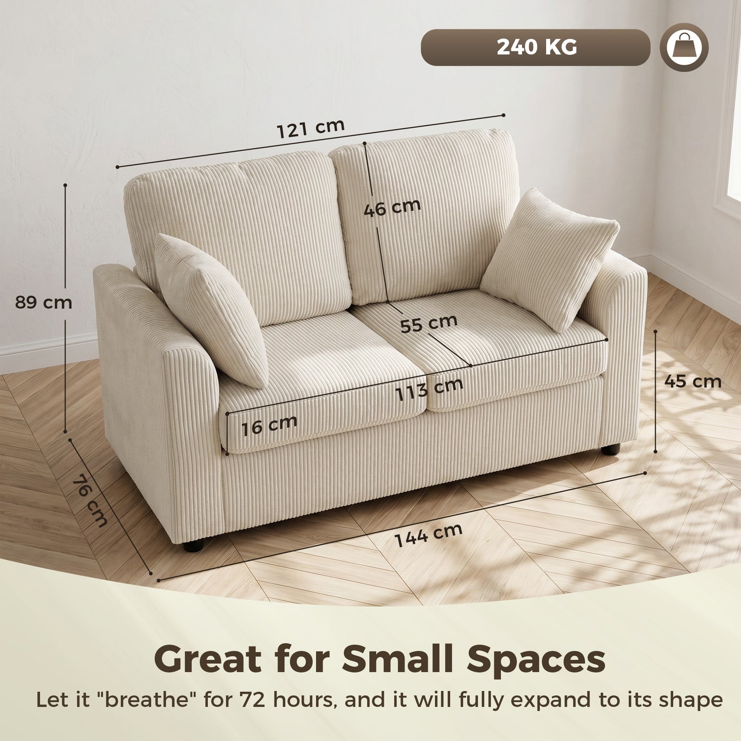 HOMCOM 2 Seater Sofa, Corduroy Small Couch with Spring Cushion, Wide and Deep Seat, Beige