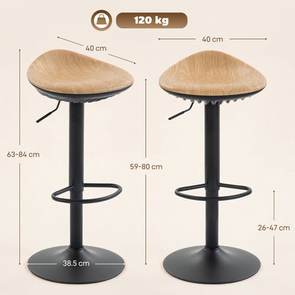 HOMCOM Set of 2 Barstools PU Leather Kitchen Stools with Saddle Seat Height Adjustable Swivel Kitchen Chairs with Footrest Oak
