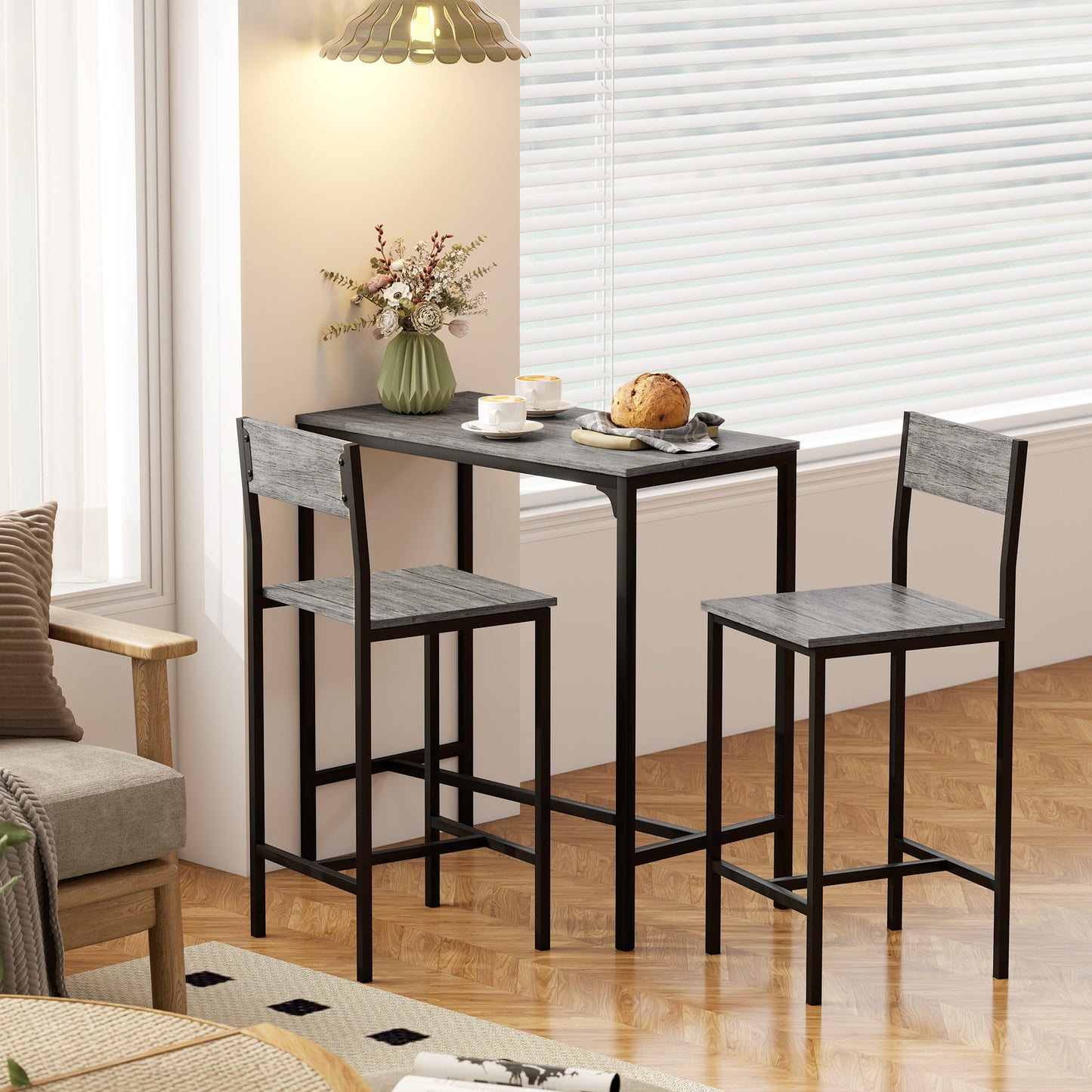 HOMCOM 3-Piece Bar Table Set with 2 Stools, Industrial Breakfast Bar Set with Footrest, Backrest for Dining Room, Small Space