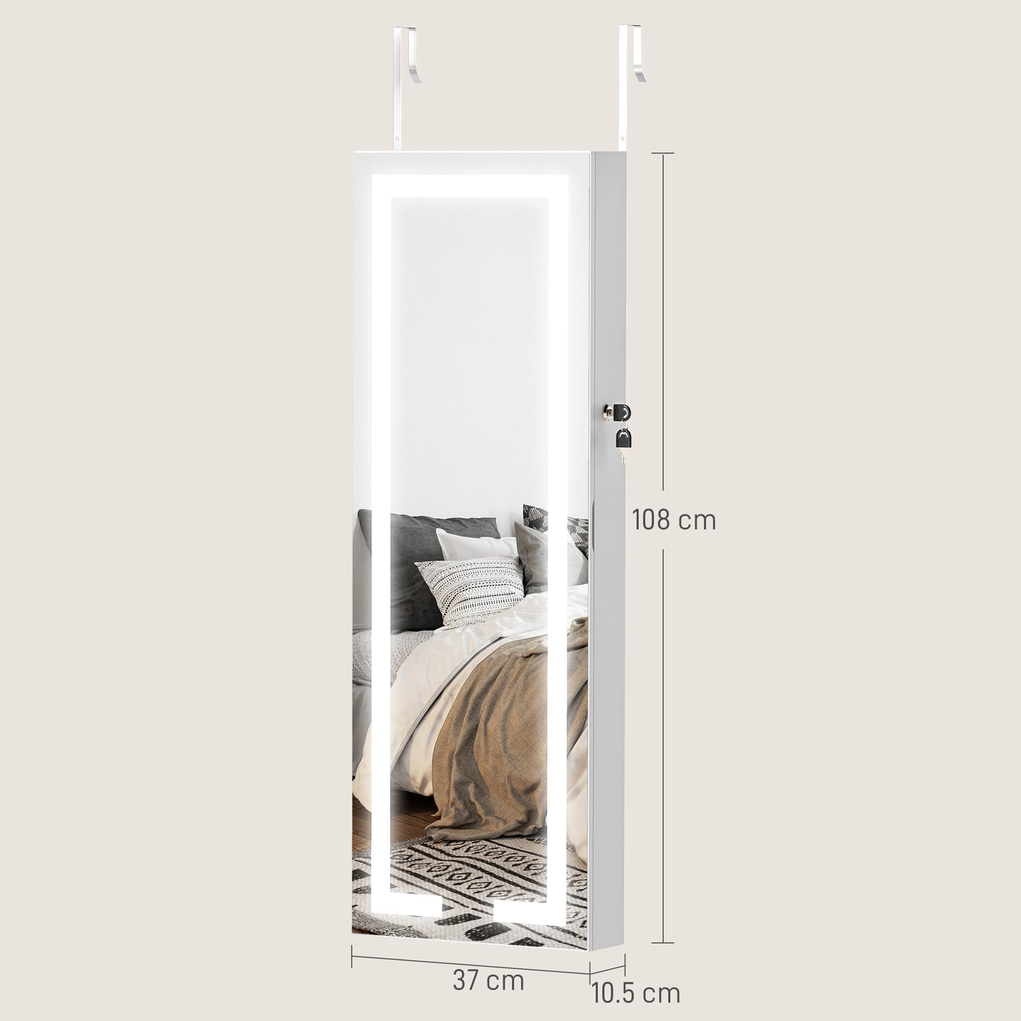 HOMCOM LED Mirror Jewellery Cabinet, Wall Mounted Full Length Mirror with Storage, Lockable Jewellery Organiser, White